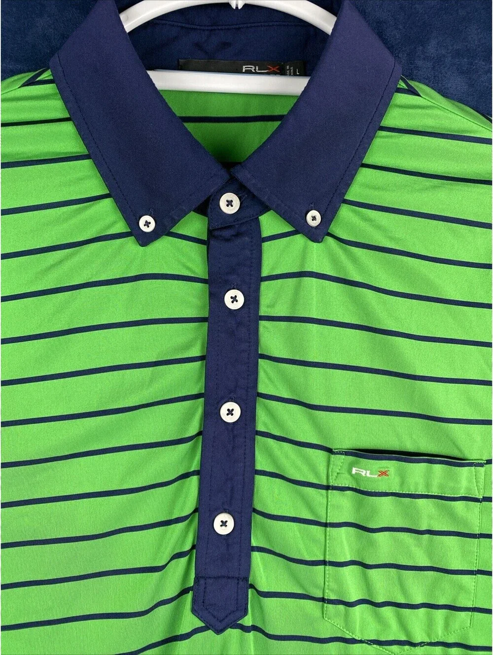 RLX Ralph Lauren Mens Sz Large Green Navy Striped Stretch Golf Polo Shirt